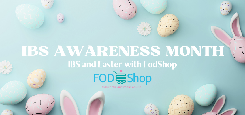 IBS Awareness Month. IBS and Easter with FodShop. FodShop Logo. Background contains easter eggs and bunny ears in pastel colours.